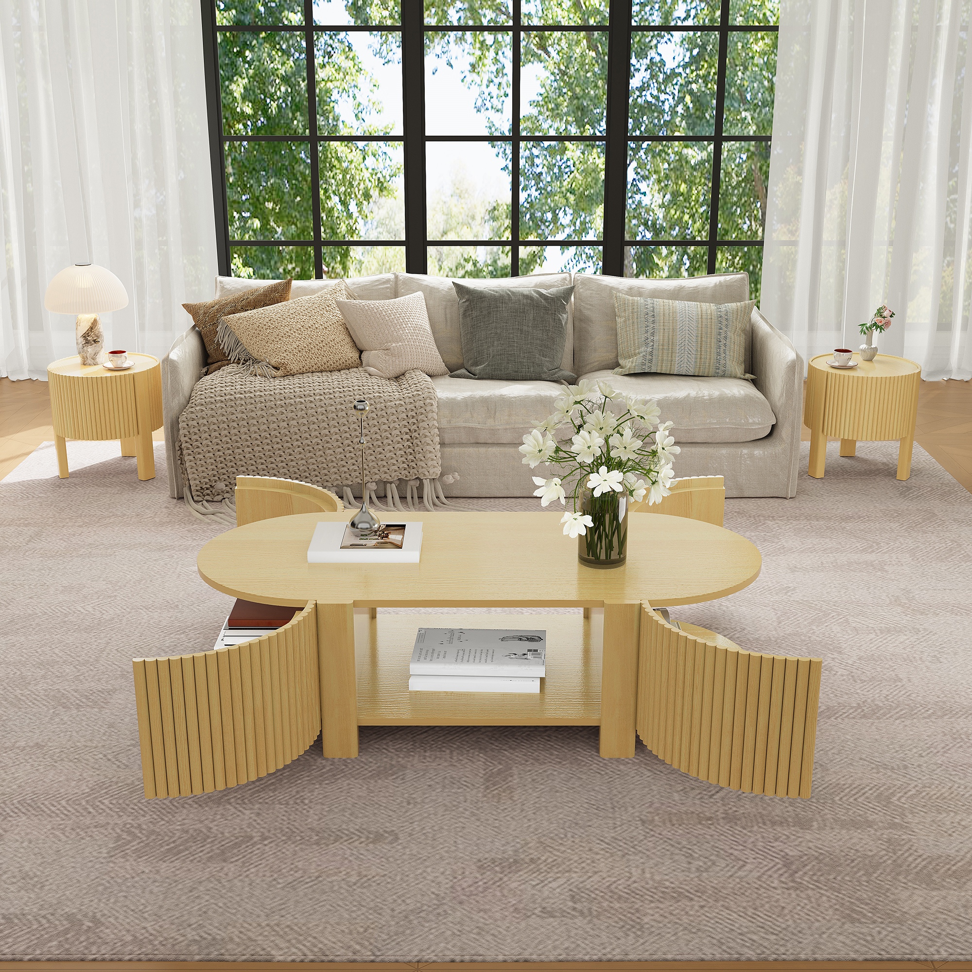 Euroco Oval Fluted Coffee Table with Storage for Living Room, 1 shelf & 2 Open Storage Doors, Natural, 47"