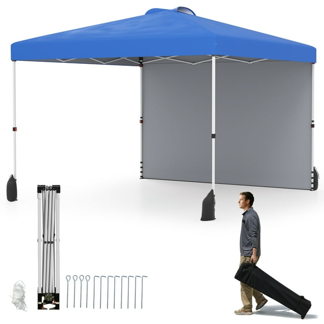 Gymax 10 X 10 FT Pop up Canopy Tent w/ 1 Sidewall Wheeled Bag 8 Stakes & 4 Wind Ropes Blue