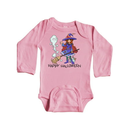 

Inktastic Happy Halloween Cute Witch with Patchwork Cat and Ghost Gift Baby Boy or Baby Girl Long Sleeve Bodysuit