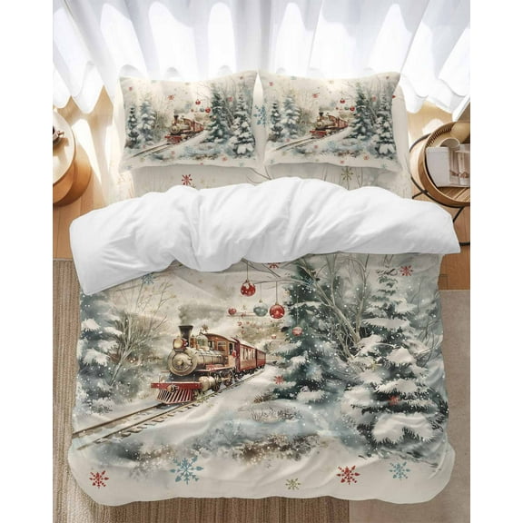 Christmas Bedding Duvet Cover Set Full Size 4 Pieces Train Holly Woods Scene Lights Snowflakes Colorful Bedding Set with Zipper Closure, 1 Comforter Cover 86x86 Inches 1 Flat Sheet & 2 Pillow Cases