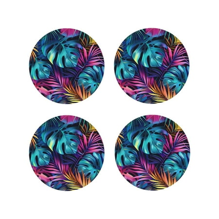 

Tebeau Colorful Tropical Leaves Print Set of 4 Leather Drink Coasters Round Cup Mat Pad for Home and Kitchen Use 4 -Round Shape