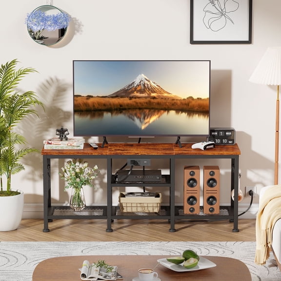 Tydimor Fireplace TV Stand with Outlet for TVs up to 55" TVs, Entertainment Center with Storage, Sturdy Media Console Table, Rustic Brown