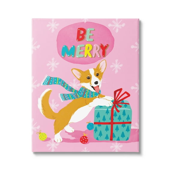 Be Merry Smiling Puppy Gift Holiday Graphic Art Gallery Wrapped Canvas Print Wall Art
