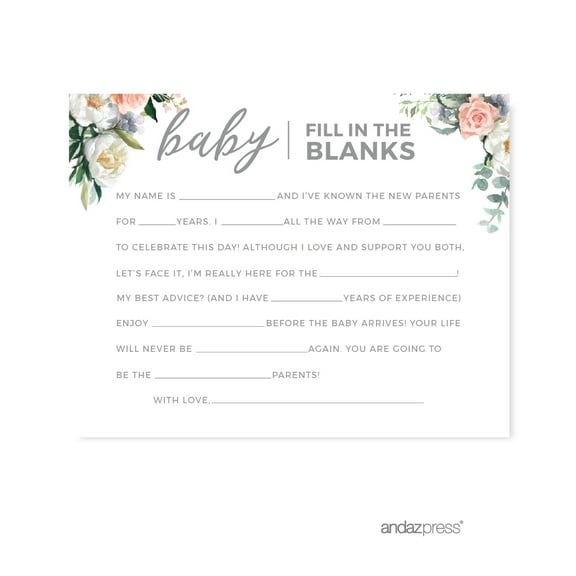 Peach Coral Floral Garden, Baby Fill in the Blanks Cards, 20-Pack, Games Activities and Decorations