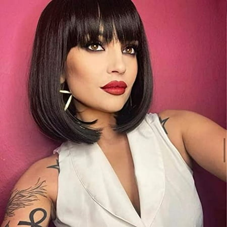 KATEA Dark Brown Bob Wig with Bangs Short Brunette Wigs for Women