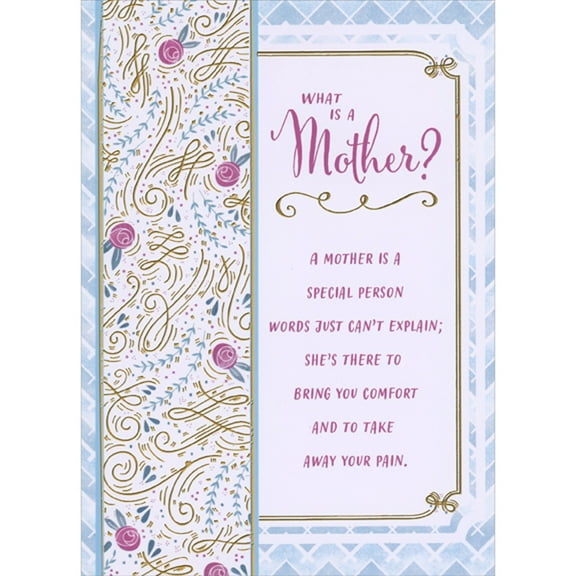 Designer Greetings What is a Mother: Swirling Gold Foil Lines and Pink Flowers on Light Blue Mother's Day Card