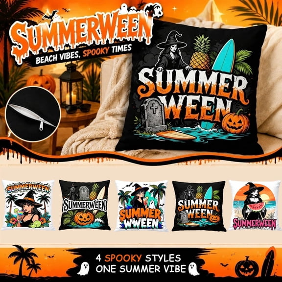 Outdoor Halloween Decorations, Witch Decorations, Throw Pillow Cover, Halloween Pillow, 18X18 Inch Durable Linen Pillow Case, Cute Ghost Bat Palm Tree Summer Themed Witch Print