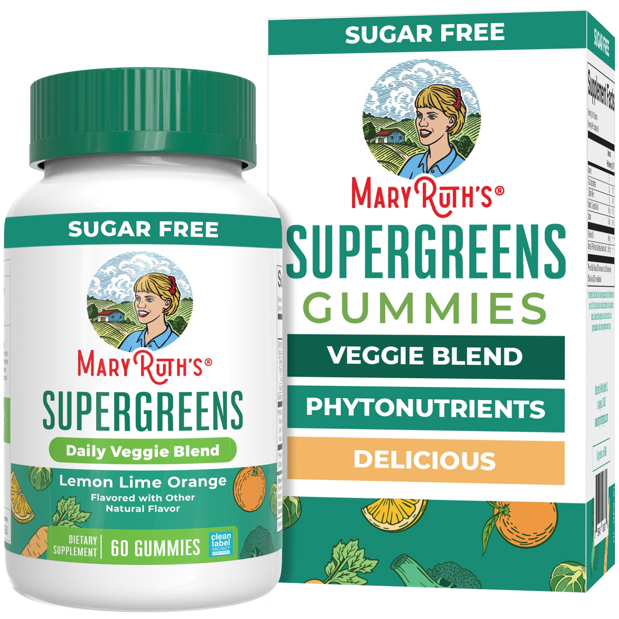 MaryRuth's Supergreens Gummies Veggie Supplement Lemon-Lime Orange Vegan, Sugar Free, Gluten Free, 60 Count