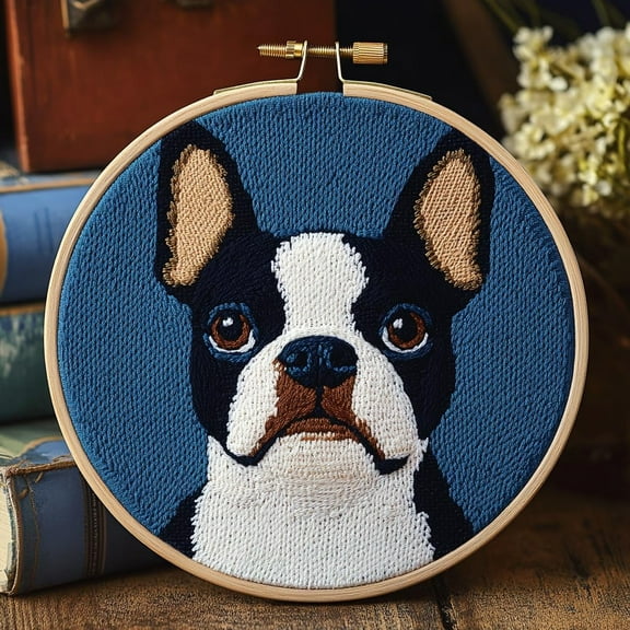 DIY Punch Needle Kits for Beginners Cute Cartoon Boston Terrier Dog with Hoop Embroidery Punch Needle Starter Craft Set Easy for Adults and Children Festival Gift and Decoration 20x20cm-1