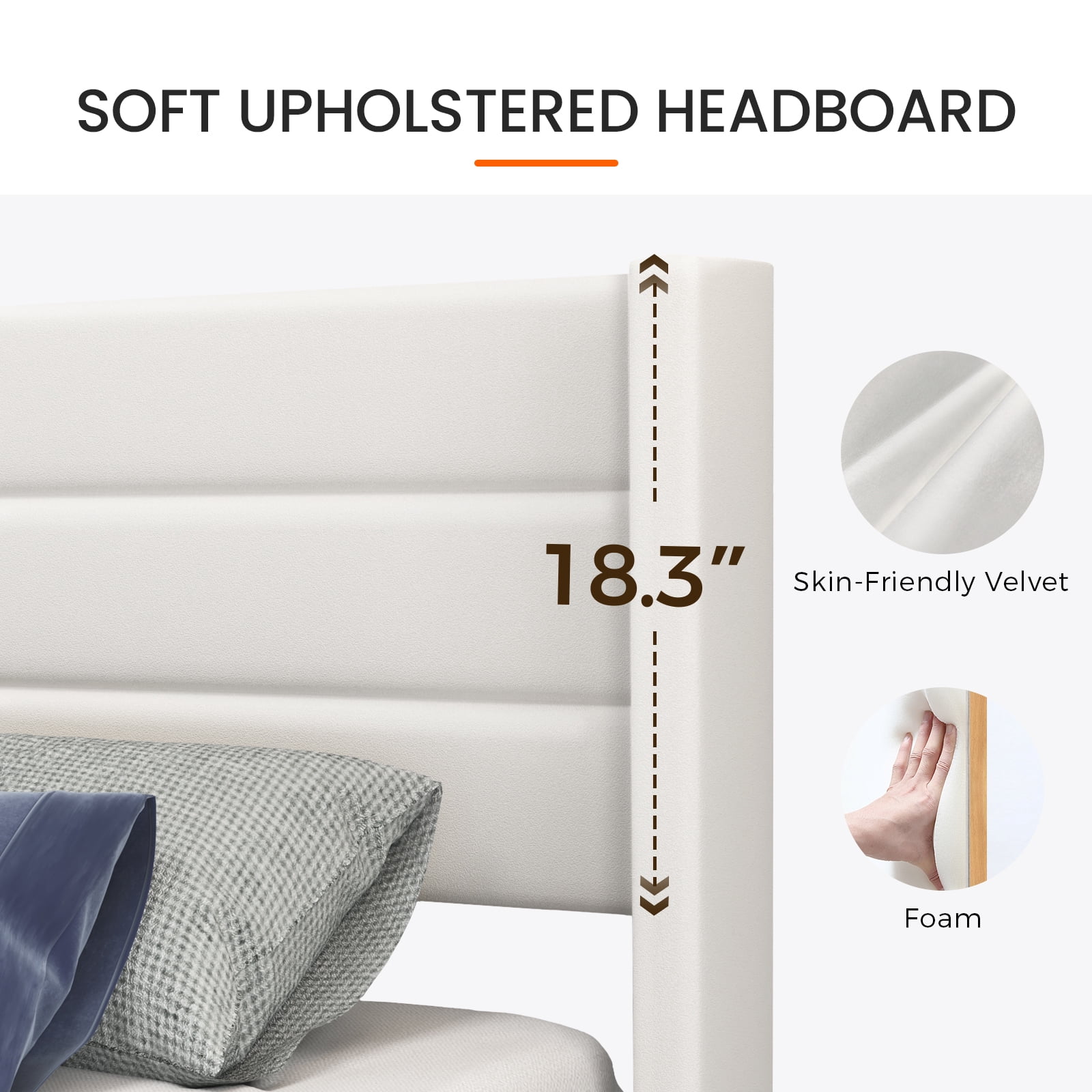 Sofanext Queen Bed Frame with Headboard, Upholstered Platform Bed Frame Queen, Wood Slat Support, No Box Spring Needed, Noise-Free, Cream White