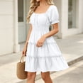 thumbnail image 5 of Dvprdro Womens Solid Open Neck Short Puff Sleeve Smocked Waist Tiered Ruffle Hem A Line Mini Dress Casual, 5 of 10