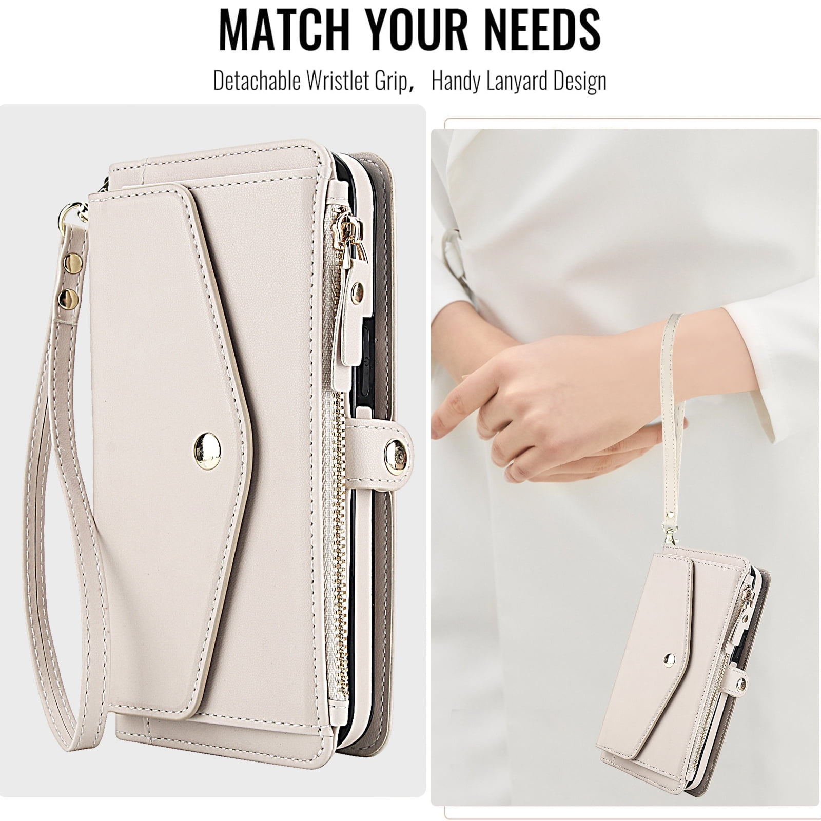 Designed for Google Pixel 9A Multi-Function Wallet Phone Case,With Shoulder Strap&Wrist Strap,Cash Pocket&Card Slots,Zipper Purse,Magnetic Detachable PU Leather Flip Phone Case,White