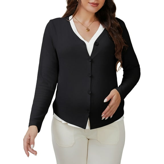 INSPIRE CHIC Womens Maternity Button Down Shirts Pregnancy Clothes Long Sleeve V Neck Faux 2-Piece Nursing Tops M Black