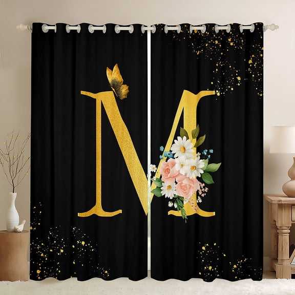 Homewish Initial M Letter Black Out Curtains, Butterfly Rose Floral Curtains Pack of 2 (42x63 Each), Black Gold Sequin Print Bedroom Curtains, Curtains and Drapes Decor