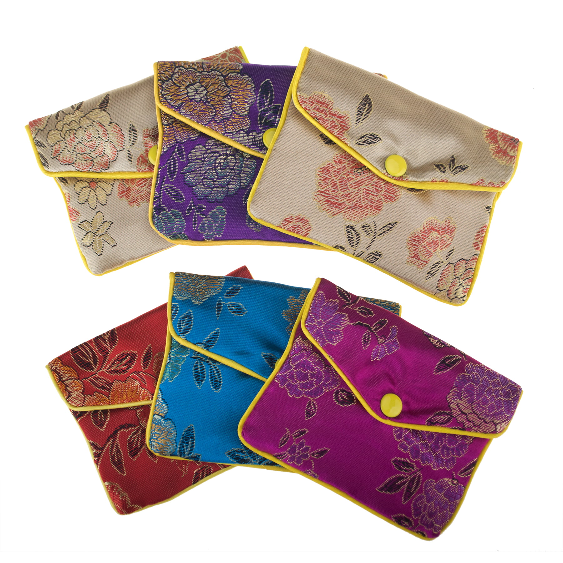 6 Pcs 3 Color Chinese Jewelry Purse Pouches with Zipper 4" x 5" 6 Piece pack