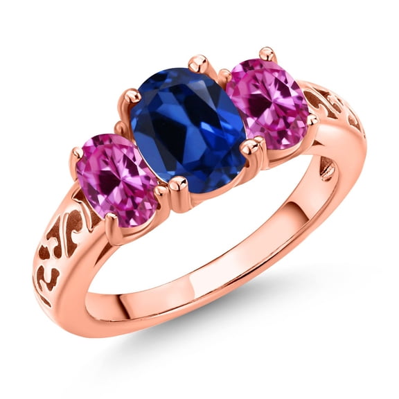 Gem Stone King 18K Rose Gold Plated Silver Blue Created Sapphire and Pink Created Sapphire Filigree Style 3 Stone Ring for Women (2.60 Cttw, Oval 8X6MM and 6X4MM) (Size 9)