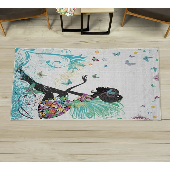 Fantasy Decorative Rug, Spring Girl Wings in a Floral Dress Surreal Garden Butterflies Print, Quality Carpet for Bedroom Dorm and Living Room, 6 Sizes, Turquoise Black, by Ambesonne