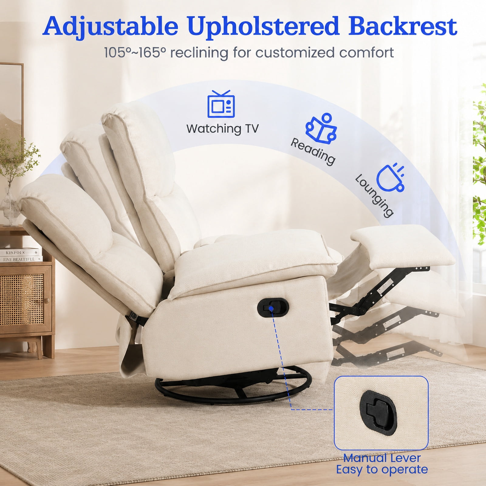 Furnibear 360 Degree Swivel Rocking Recliner Accent Chair with Cushioned Back Extendable Footrest and Metal Frame for Living Room and Nursery, Beige