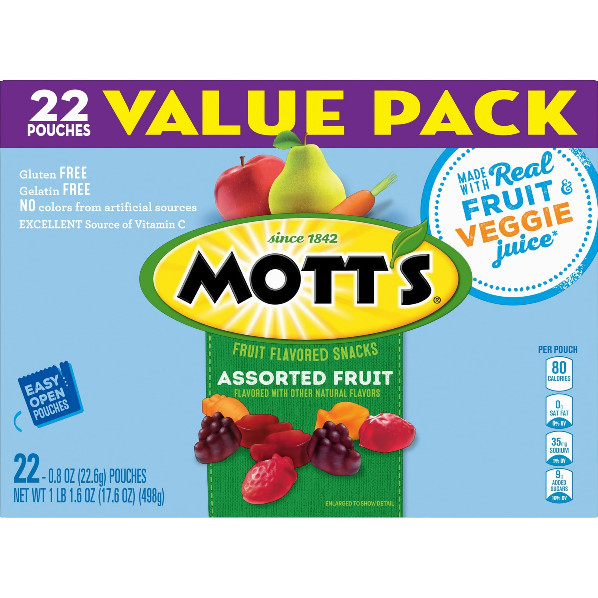 Mott's Fruit Flavored Snacks Assorted Fruit Gluten Free Value 22 Pouches 17.6 oz (Pack of 4)