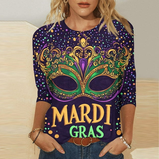 TIMIFIS Hauts de Mardi Gras pour Femmes Grande Taille, Chemises à Manches 3/4 Décontractées Col Rond Imprimé Carnaval T-Shirts de Vacances