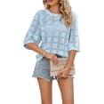 thumbnail image 2 of Women's Short Sleeve Loose Tunic Tops Crochet Knit Sweaters Blouses Blouse Top for Summer Casual Light Blue S, 2 of 8