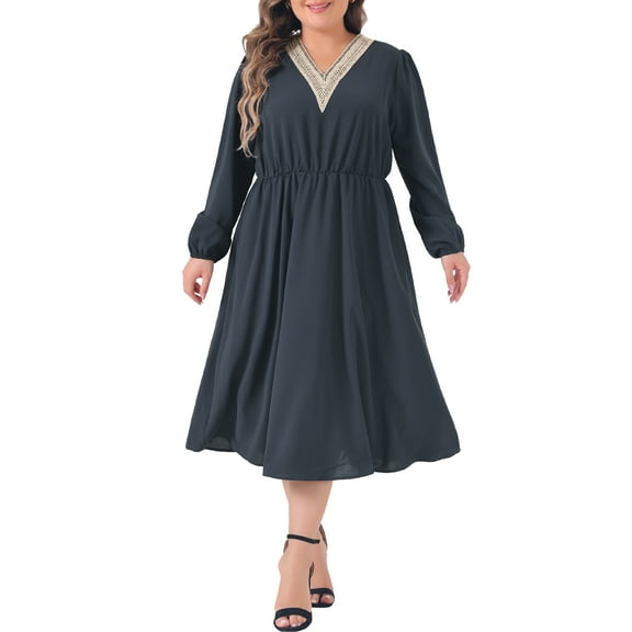 DARING DIVA Plus Size V Neck Long Sleeve Casual Midi Style Dress 1X Dark Blue