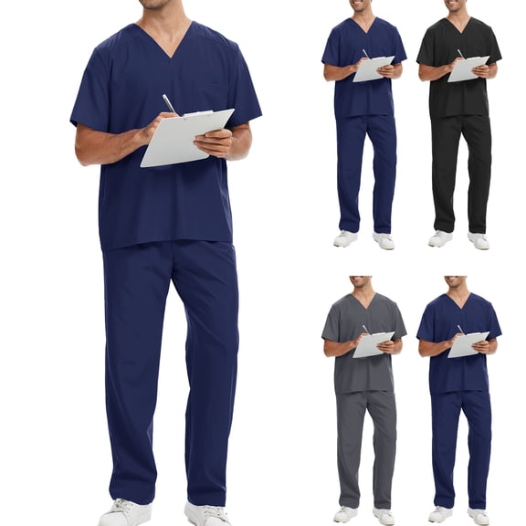 Homeyce Men's Scrub Set V-Neck Top & Straight Pants with Pockets 4-Way Stretchy Breathable Wrinkle Resistant,Blue 2XL