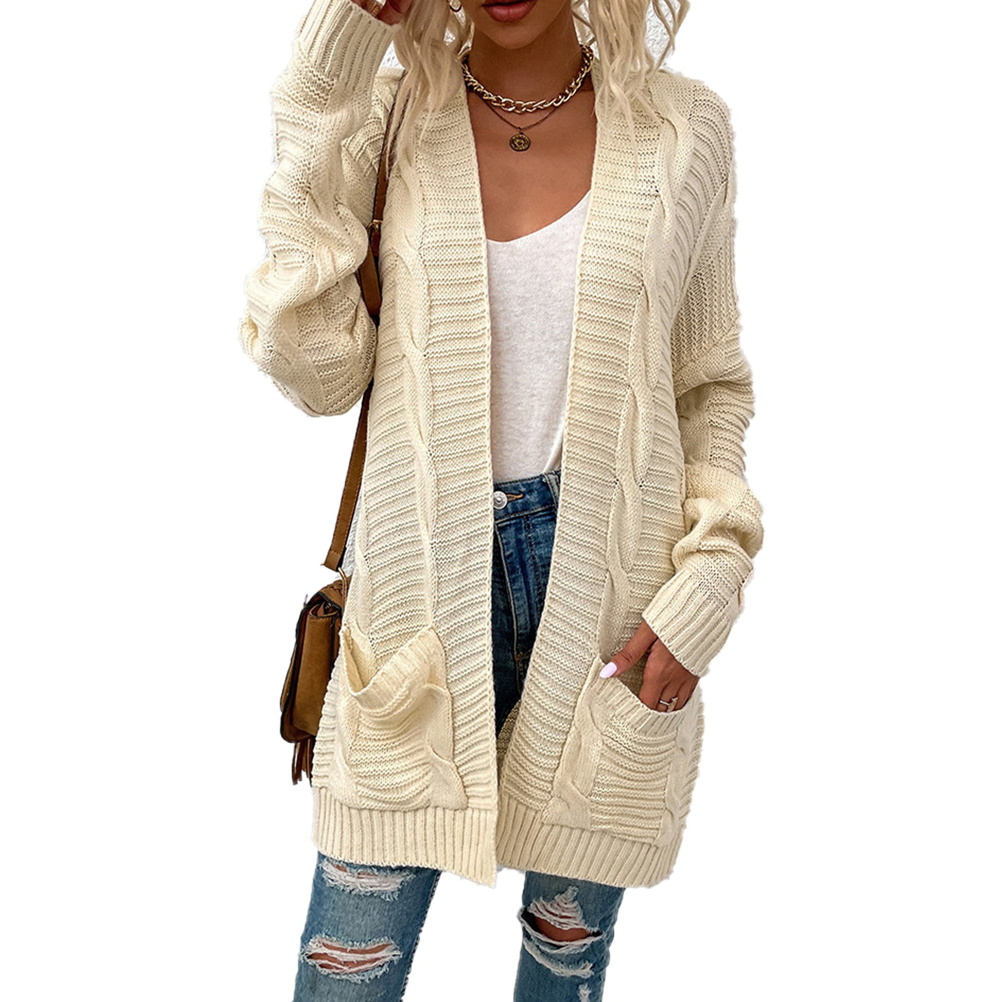 Tralilbee New Fashion Casual Cardigan Cotton Comfortable V Neck Sweater Women s Mid Length Long Sleeved Twist Rope Cardigan Top Warm Pocket Design Whi