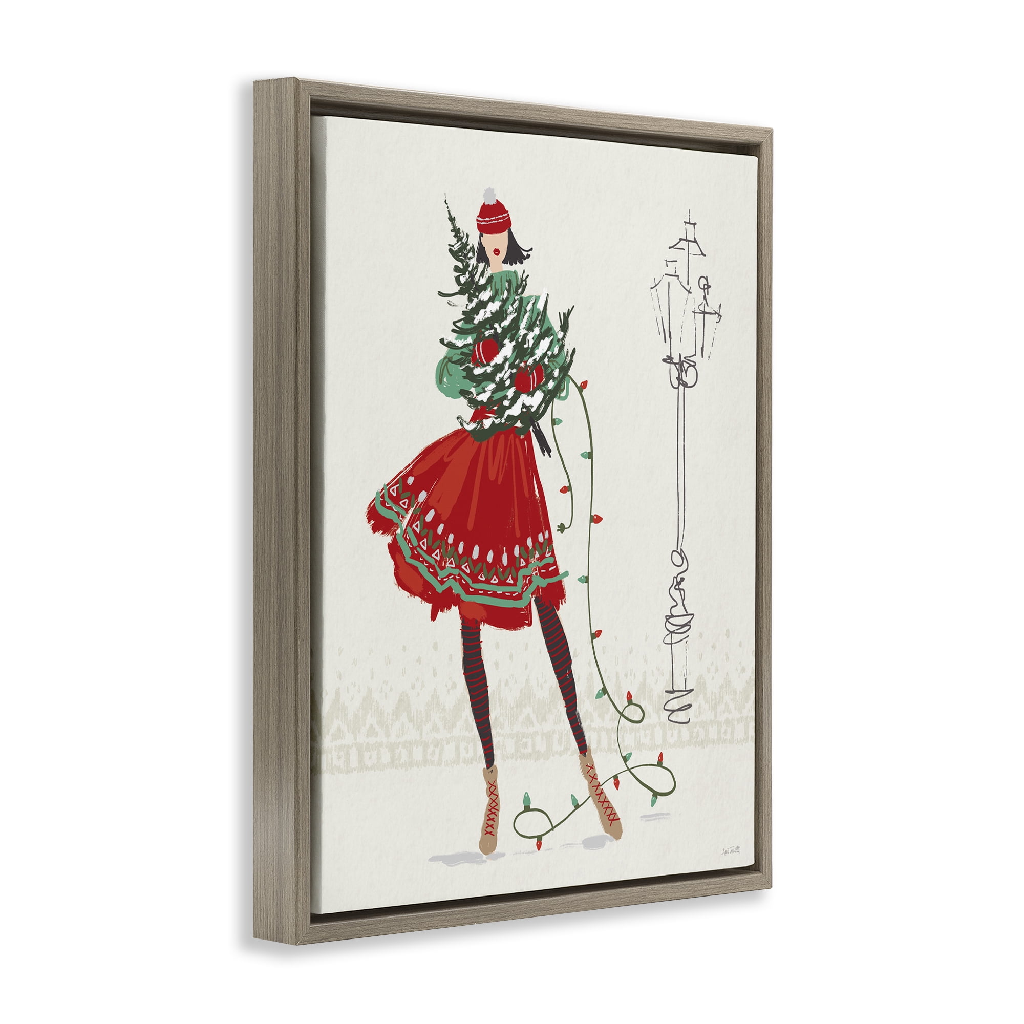 Stupell Industries Festive Fashion Girl Holiday Painting Brown Floater Framed Canvas Art Prints Wall Art, 17 x 21