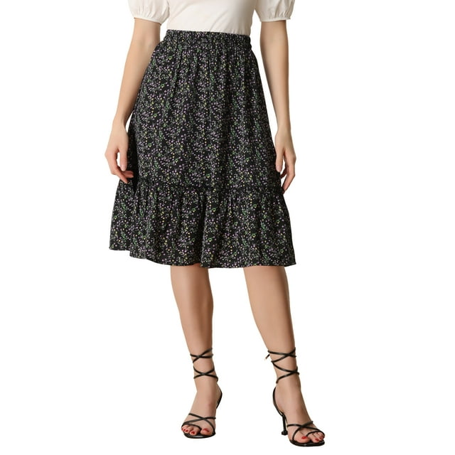 Unique Bargains Jupe Midi Florale à Volants pour Femmes TP, Florale Noire