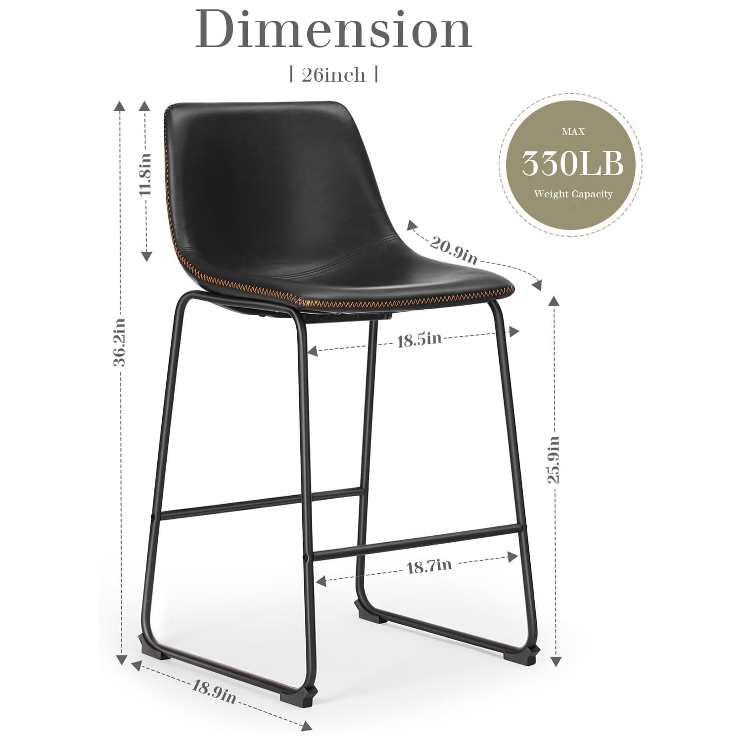 MAYEERTY 26 Inch Barstools High PU Leather Counter Bar Stool With Back and Footrest Set of 2, Black