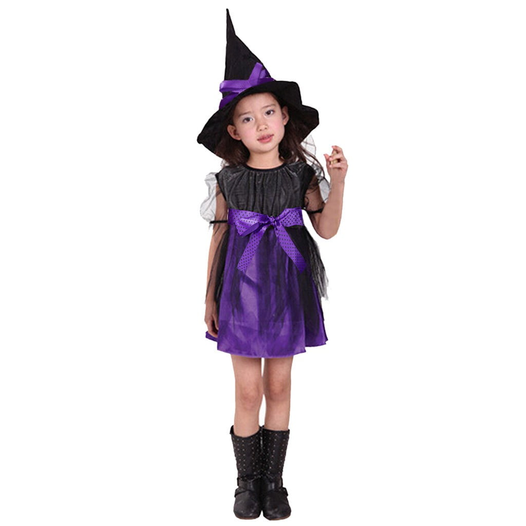 Toddler Kids Baby Girls Halloween Costume Witch Clothes Party Dresses+Hat Outfit