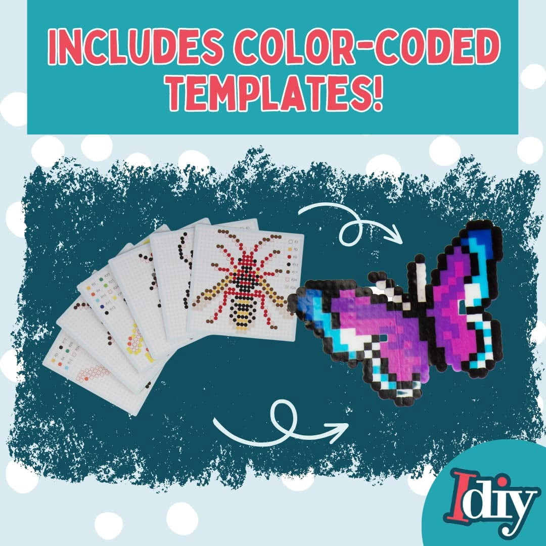 8,000pc DIY Fuse Bead Kit w Carrying Case - Bugs and Insects - 21 Colors, 12 Unique Templates, 4 Peg Boards, Tweezers, Ironing Paper - Works w Perler Beads Kits, Pixel Art Color by Numbers Craft Gift