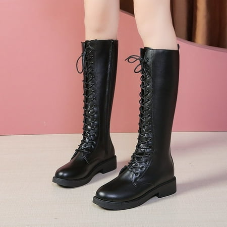 

YOTAMI Women s Shoes New Style Long Boots Style Thick-soled Thick Heel Lace-up Side Zipper Women s Boots Black