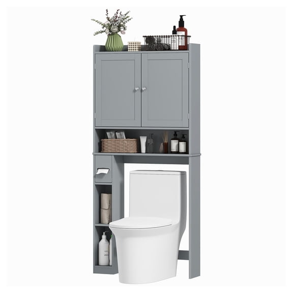 KWUXIN Modern Over the Toilet Storage Cabinet with 2 Doors, Above Commode Organizer with Holder, Space Saving Gray