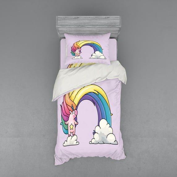 Ambesonne Rainbow Bedding Set 3 Pcs, Funny Unicorn Colorful Mane, Twin, Pale Yellow Peach