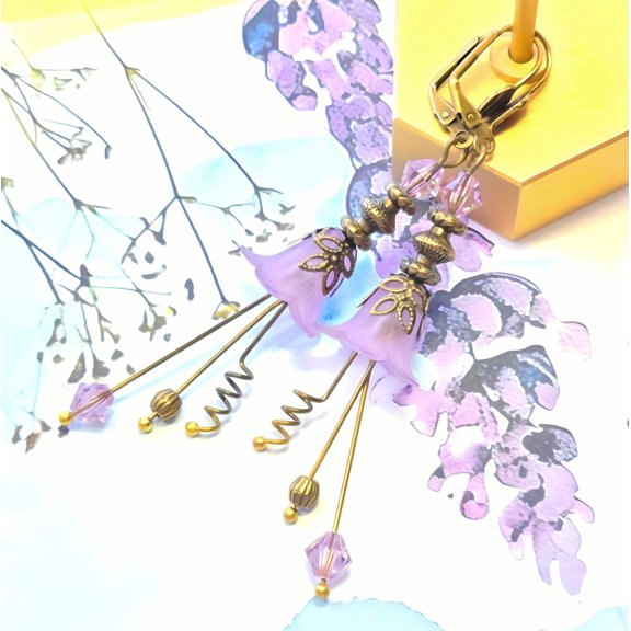 Vintage Victorian Style Lilac and Antique Bronze Bell Flower Lucite Earrings