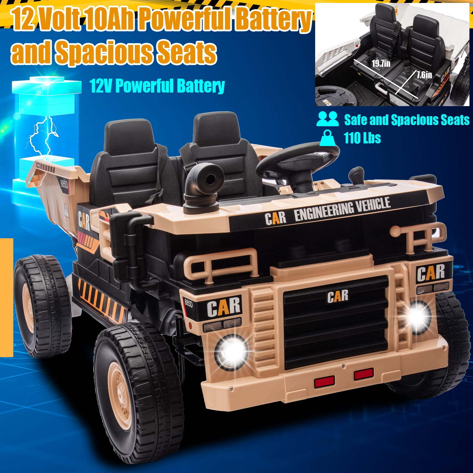 FINITO 12V 10Ah Ride on Tor for Toddlers, Powerful 4 Wheels Electric Dump Truck, 2 Seater Kids Ride on Car w/Parent Remote Control, Khaki