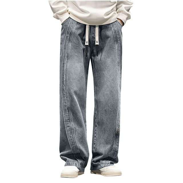 Gray Faux Denim Pants for Man Fall Winter Brunch Western Paperbag Straight Leg Basic Pants Jeans Man 2025 Clothes Y2K M