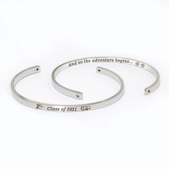 "And so the adventure begins…" Silver Stainless Steel Graduation Theme Hidden Message Gift for Her Cuff Bracelet with Gift Set