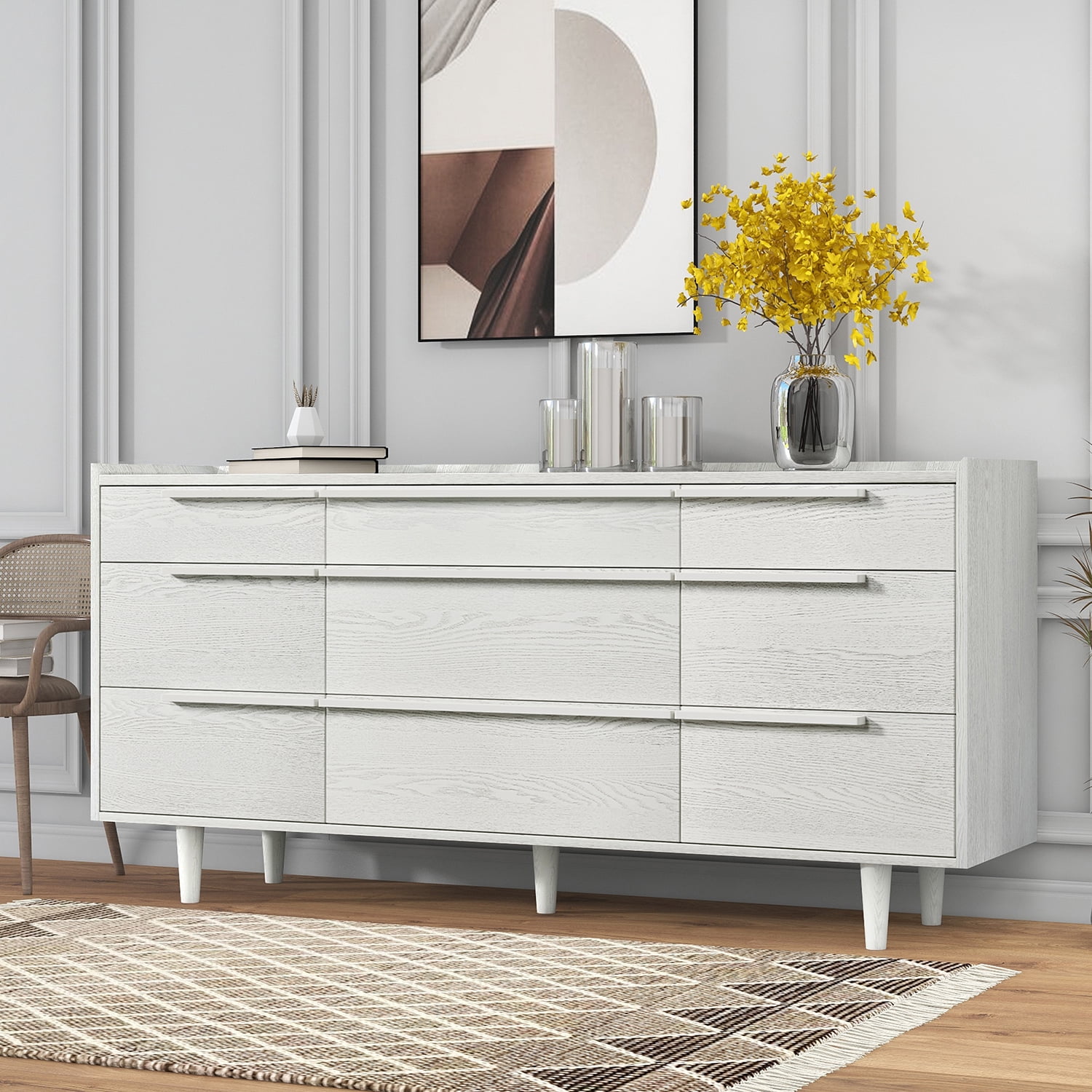 Kadyn 9-Drawer Dresser, Solid Wood Storage Dresser Closet with Solid Wood Legs, Modern Horizontal Dresser for Living Room, White Kadyn 9-Drawer Dresser, Solid Wood Storage Dresser Closet with Solid Wood Legs, Modern Horizontal Dresser for Living Room, White