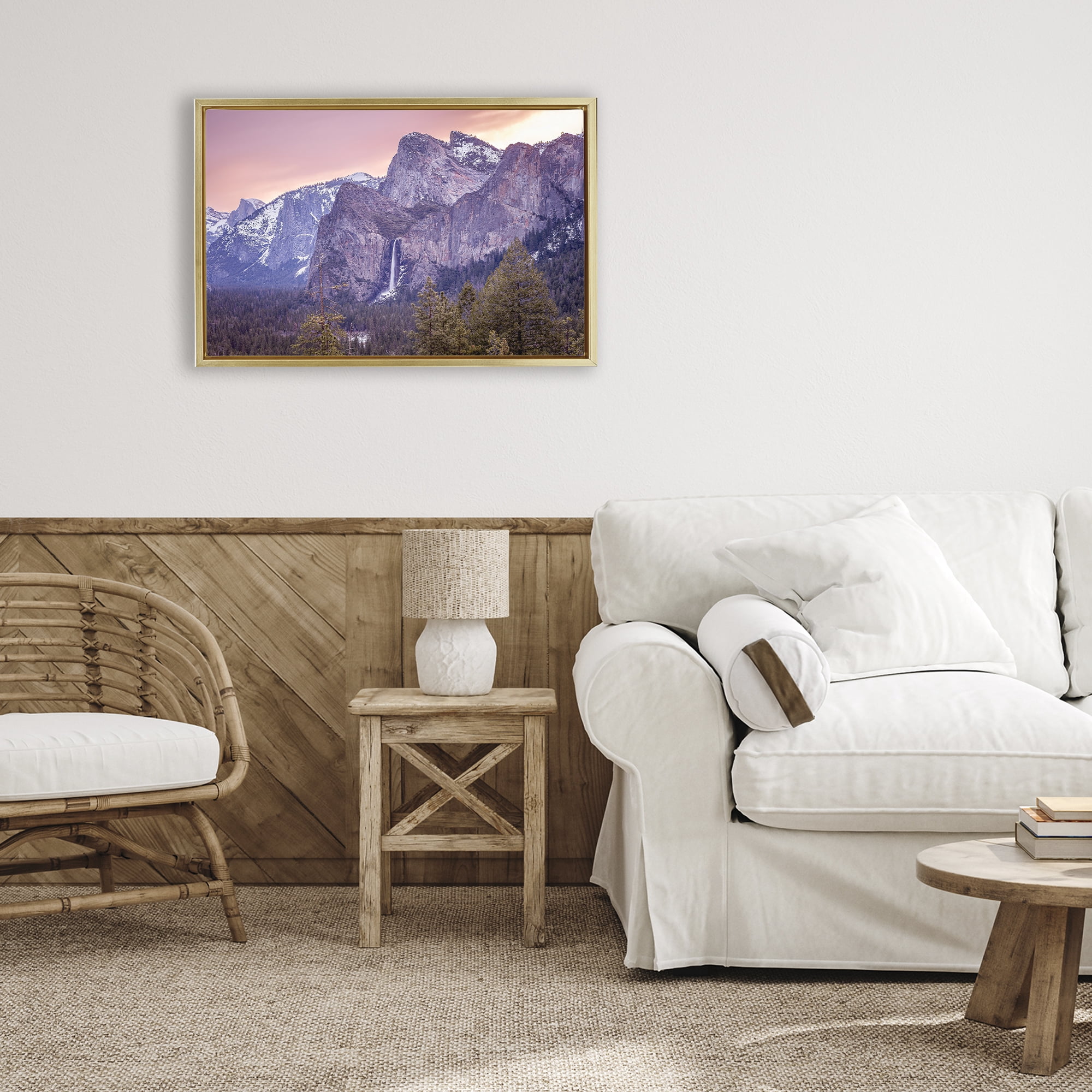 Stupell Industries Majestic Mountain Waterfall Sunset Gold Framed Floater Canvas Wall Art, design by Shelley Carlisle