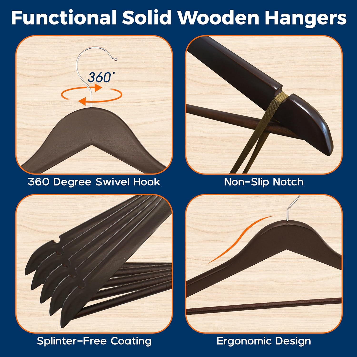 Brown Wooden Hangers 5 Pack – Heavy-Duty with 360° Swivel Hook, Non-Slip, Pants Bar & Shoulder Grooves - Wooden Hangers for Suits, Jackets, Dresses & Camisoles, Space-Saving and Smooth Finish