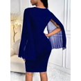 thumbnail image 2 of Navy Blue Bodycon Dress With Sheer Cape Sleeves And Rhinestone Belt, 2 of 7