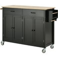 thumbnail image 4 of Lunale 54.3" Kitchen Island Cart on Wheels with 4 Doors & 2 Drawers, Rolling Storage Cart with Adjustable Shelves & Rubber Wood Top, Black, 4 of 9