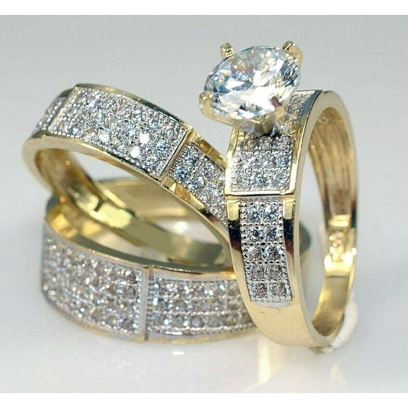 Sparkle Jewels His & Her Couple Trio Ring Set Cubic Zirconia 14K Yellow Gold Plated