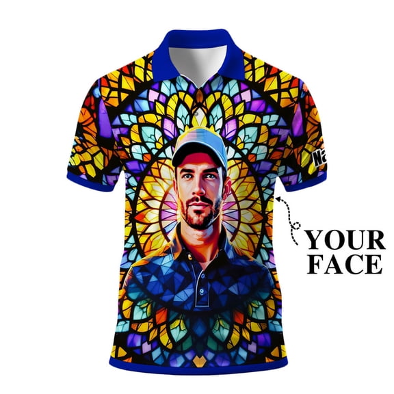 HOMYGIFTS Custom Face Men’s Golf Polo Shirt – Personalized Stained Glass Mandala Design, Unique Gift for Golfers & Special Occasions