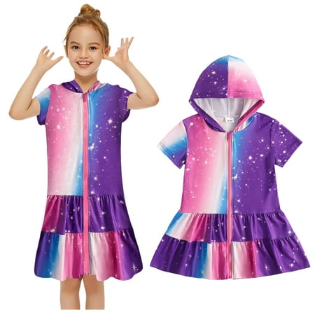 Little Girl Swim Cover Up Kid Girls Bikini Cover Up Dress Absorbent Zip Hooded Childrens Terry Cloth Robes