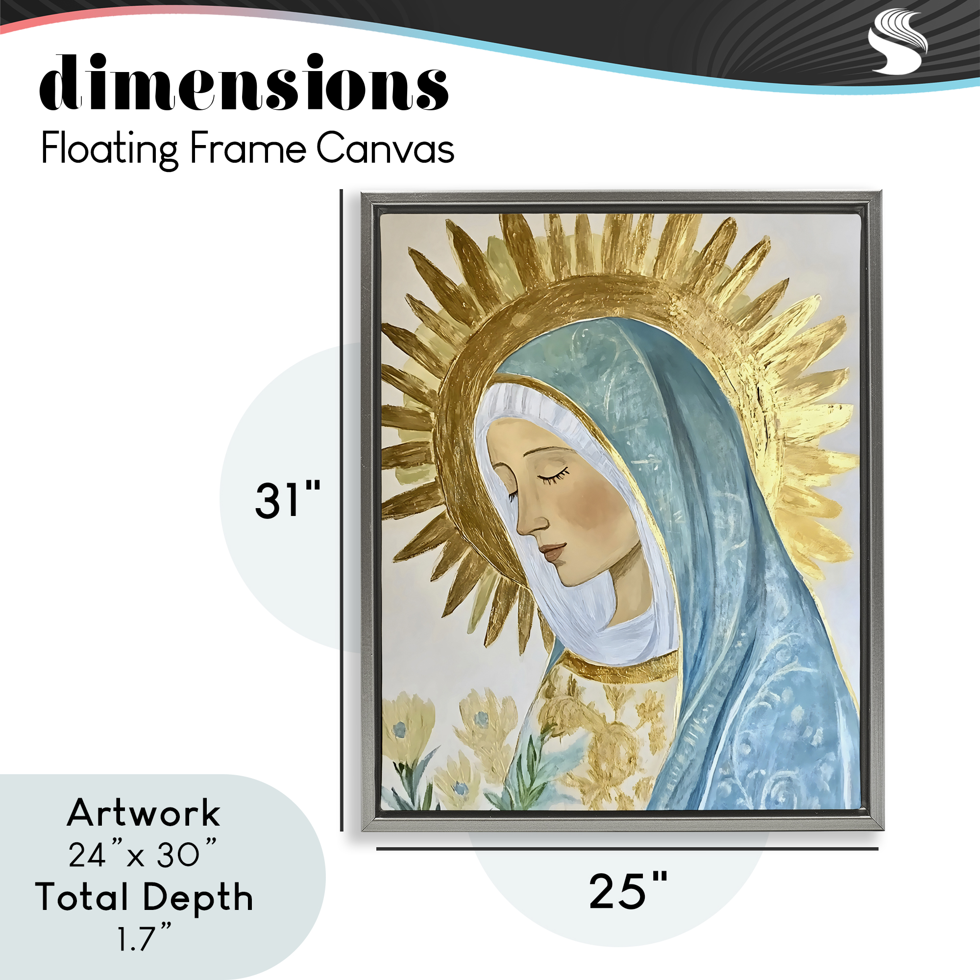 Holy Mary In Gold Gray Framed Floater Canvas Wall Art, design by Franklyn Gregory