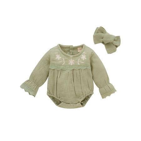 

uukiA 0-12 Months Newborn Baby Girl Infant Solid Embroidered Long-sleeved One-Piece Romper And Hairband 2PCs Outfits Set